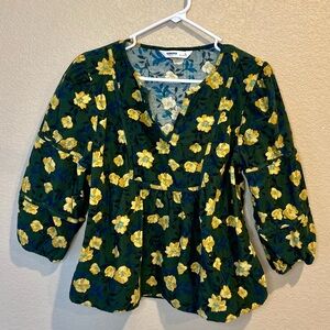 Floral Green and Yellow Women's Petite Corduroy Top, Puff Sleeves Size L